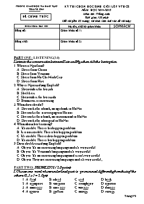 Đề chọn học sinh giỏi môn Tiếng Anh Lớp 9 THCS - Năm học 2014-2015 - Trường THCS Đỗ Động (Có đáp án)